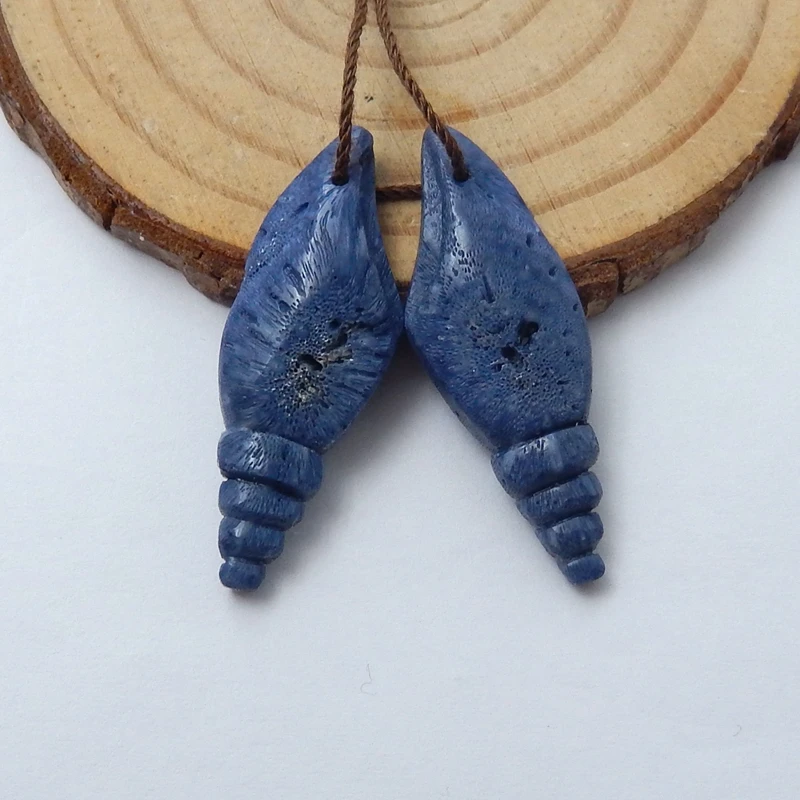 

Hot Sale,Hand Custom Natural Gemstone Blue Coral Shell Shape Jewelry Earrings Pairs 33x12x5mm,3.6g