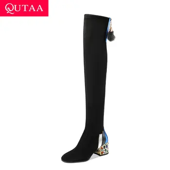 

QUTAA 2021 Square Toe Over The Knee Boots Sheepskin Stretch Flock Zipper Women Shoes Winter Square Heel Long Boots Size 34-39