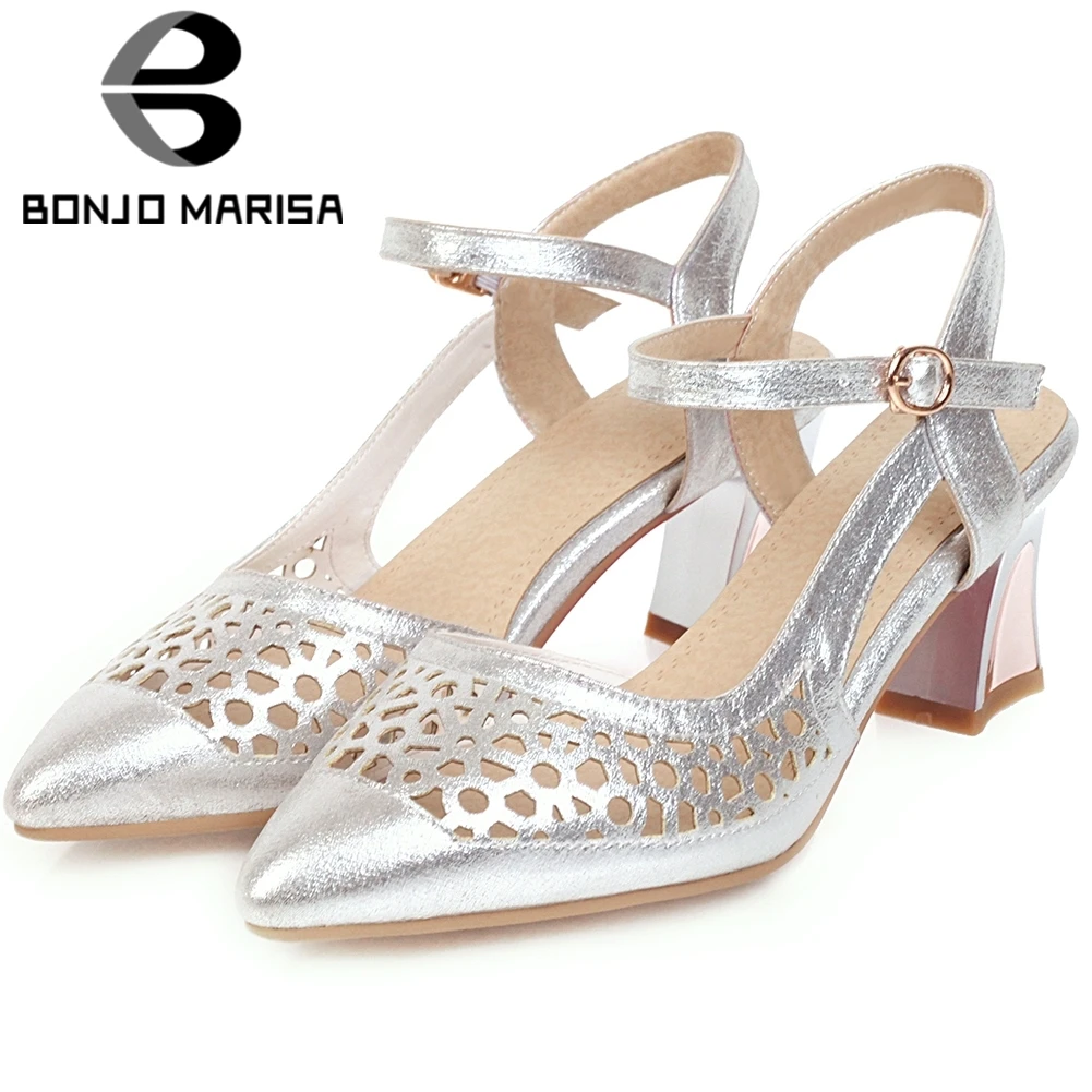 

BONJOMARISA Elegant Ladies Summer Sandals Buckle Strap Pointed Toe Metallic Hollowing Sandals Women Fashion Dance Shoes Woman