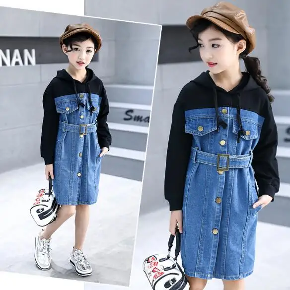 Hooded Teenage Girl Hoodies Children Spring Autumn Dresses Jeans Patchwork Dress For Girls Fashion Kids Long sleeve Clothes | Детская