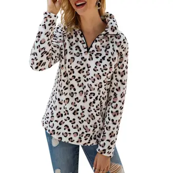 

Women Leopard Print Plush Sweatshirts Winter Loose Zipper Pullover Hoodies Female Faux Fur Tops