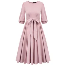 Для женщин платье Хепберн Стиль элегантные женские осенние платья с поясом украшены Половина рукава с круглым вырезом А-образного силуэта средней длины платье