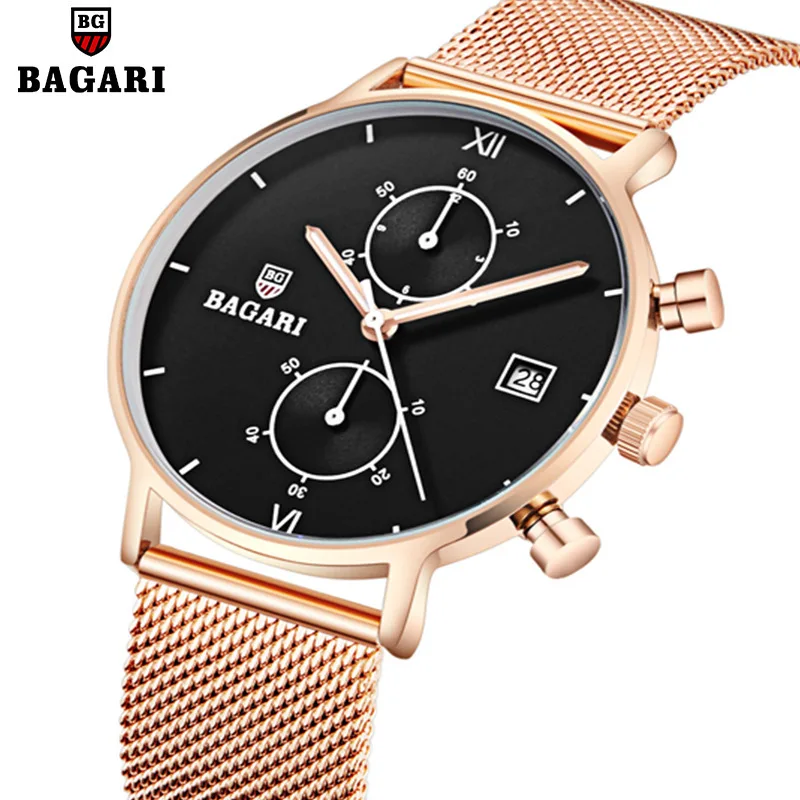 

Bagari Table-Style Hot Selling Multi-functional Sports Watch Men Waterproof Mesh Belt Ultra-Thin Needles Table