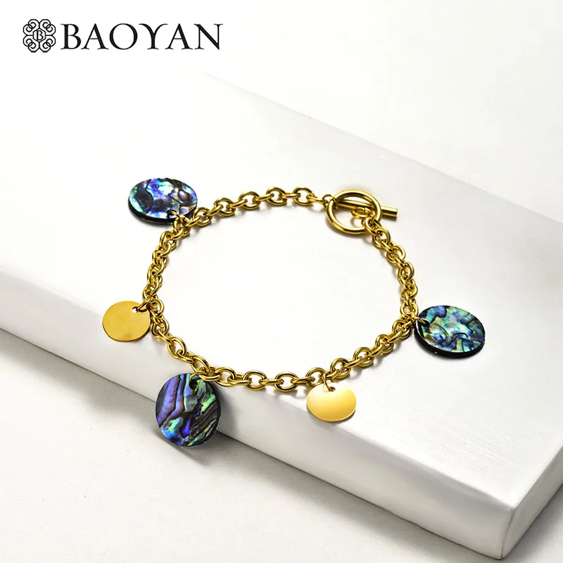 BAOYAN Модные женские очаровательные браслеты золотого цвета из нержавеющей стали, браслеты на цепочке, роскошные натуральные браслеты в виде ракушки абалона для женщин