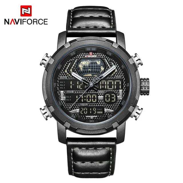 black gray Мужские часы NAVIFORCE Роскошные брендовые модные спортивные часы мужские кварцевые цифровые часы мужские кожаные армейские военные водонепроницаемые часы - Цвет: black gray