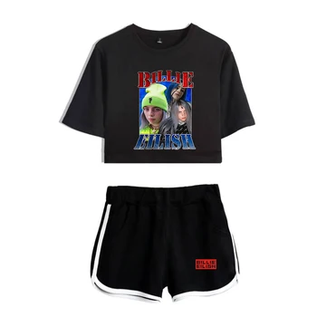 

New Billie Eilish Black Casual Cotton Short Navel T-Shirt + Black Shorts Two-Piece Comfortable Hot Sale Fashion Girl Set