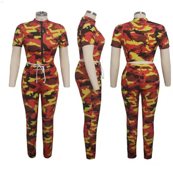 

Women Tracksuit Skinny Camouflage Two Piece Set Suit Short Tshirt + Pencil Pants Femme Zipper Print Women Outfits Matching Sets