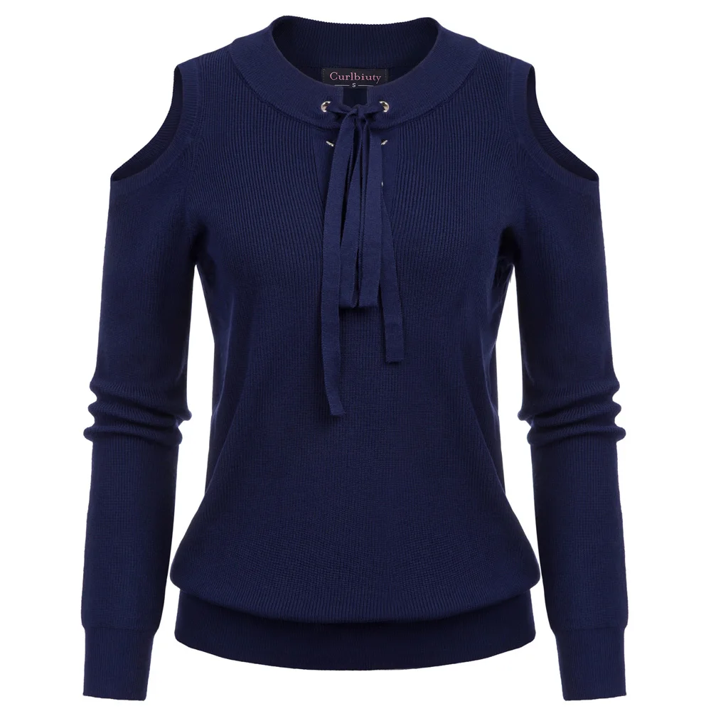 

Curlbiuty Sexy Women's Sweater Long Sleeve Cold Off Shoulders Lace-Up Pullovers Neck Knitwear Tops