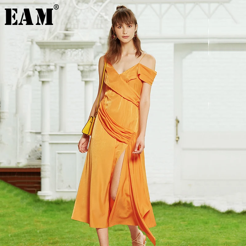

[EAM] Women Split Spliced Pleated Temperament Dress New V-Neck Short Sleeve Loose Fit Fashion Tide Spring Autumn 2019 1B138