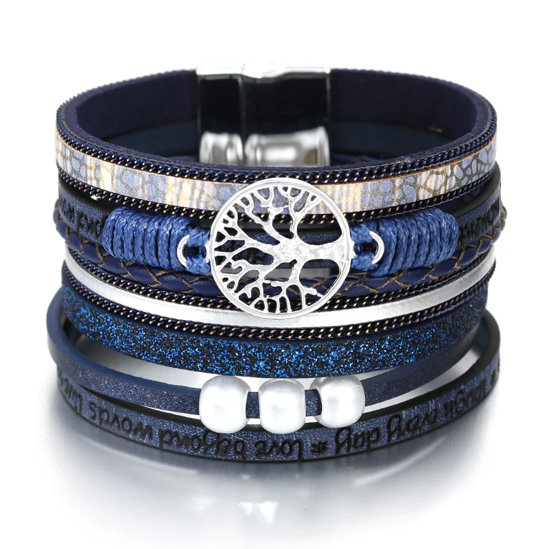 Blue ALLYES кожаные браслеты для женщин модные Древо жизни женские богемные Многослойные широкий браслет обруча женские ювелирные изделия - Окраска металла: Blue