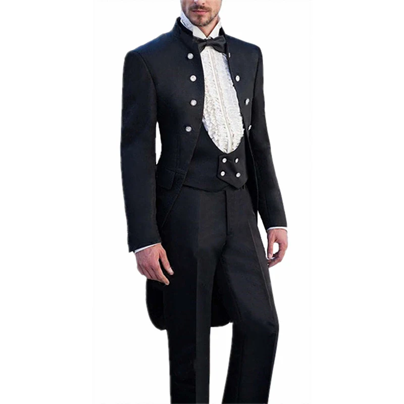 

2019 New Arrival Mens Stand Collar Tailcoat Suits For Wedding Groom Double Breasted Banquet Dress Suits For Party Work Wear