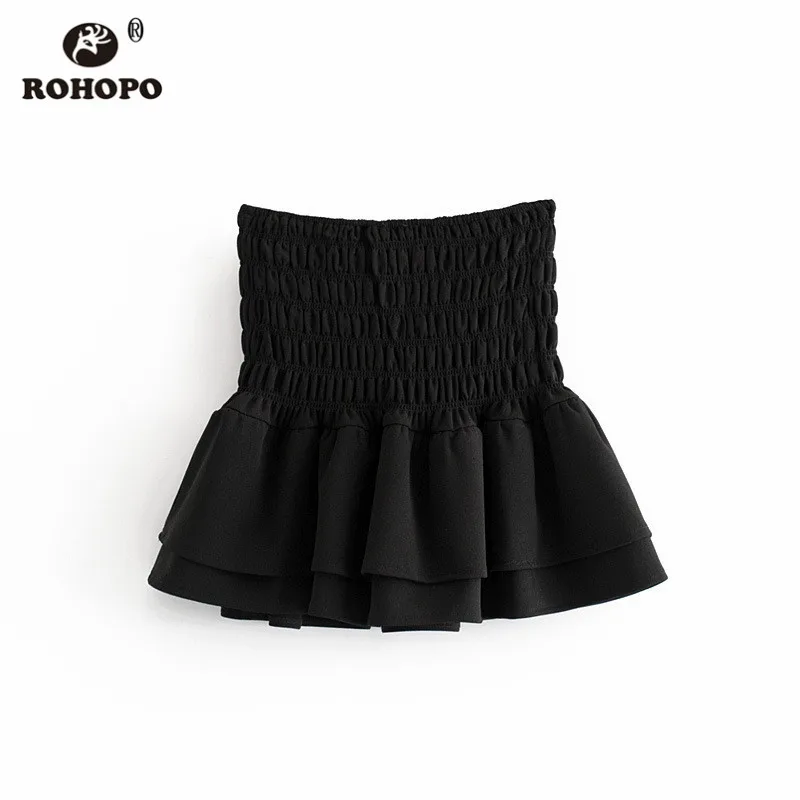 ROHOPO Smocking/Черная Женская мини-юбка с завышенной талией, с каскадными оборками, милая элегантная Однотонная юбка Falda для девочек#1289 - Цвет: CN SIZE
