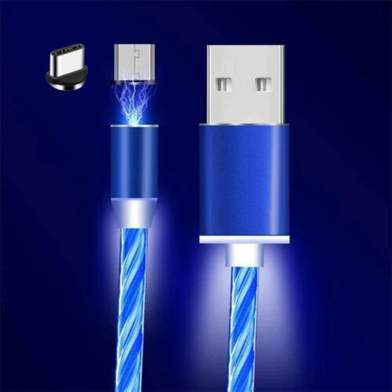 360 Degree Rotate Magnetic Flow Luminous LED Light Micro USB Type C Cable For Samsung Note 4 5 8 9 10 Pro Redmi 7 6 | Мобильные