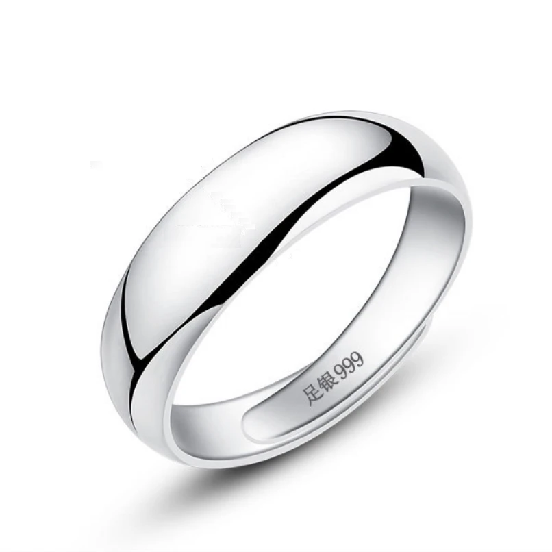 Pure S999 Sterling Silver Band Men Women Gift Simple Glossy Adjustable Ring