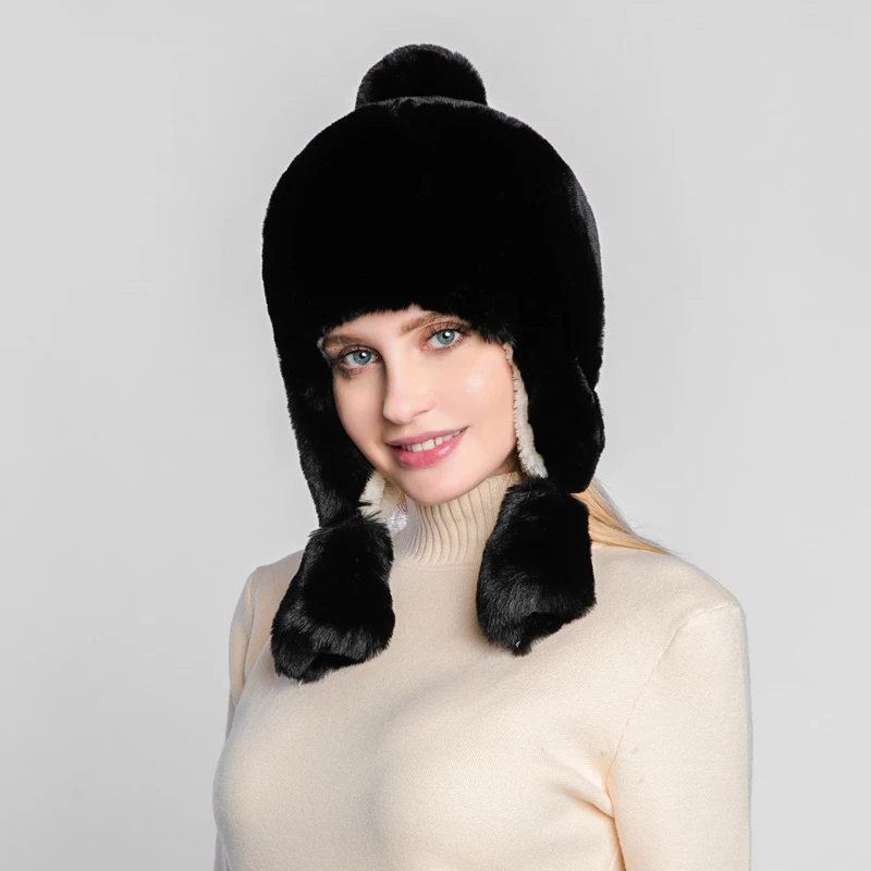 Зимняя женская теплая шапка принцессы защита ушей плюс бархатная шапка-бомбер с ушками из искусственного меха шапка охотника с помпоном Z179
