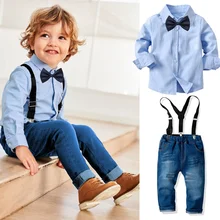 Детский осенне-весенний комплект одежды для джентльмена, модная одежда для свадебной вечеринки футболка+ брюки с поясом+ галстук, комплект из 3 предметов, одежда для малышей