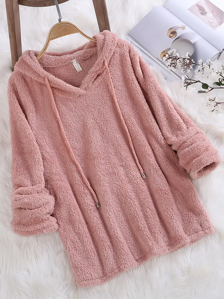 Women Warm hoodies Winter Solid Color Long-sleeved Hooded Fur Double-faced Fleece Sweater plush sweatshirt Pajamas 5XL - Цвет: Orange pink