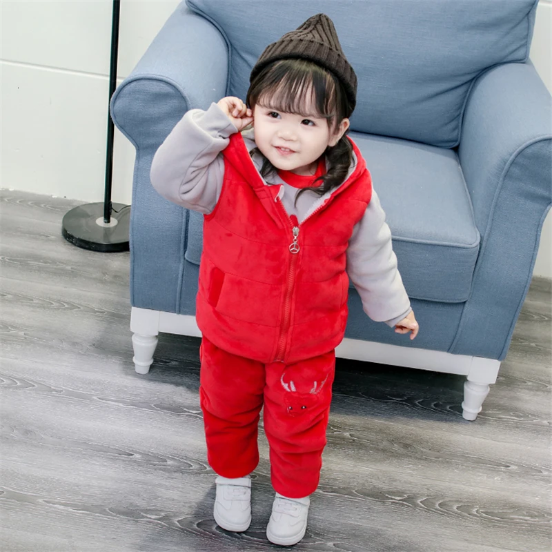 Fashion Baby Boys Girls Cartoon Deer Clothes Children Add Cotton Hooded Vest T-shirt Pants 3Pcs/Set Autumn Winter Kids Tracksuit