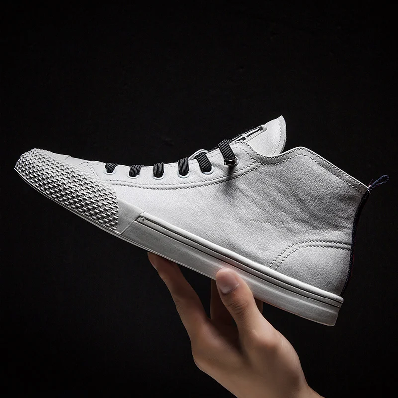 Velvet Autumn Winter Men Shoes High-Top Genuine Leather Outdoor Casual Shoes Sneakers Breathable Non-slip Walking Shoes White Simple - Цвет: Velvet