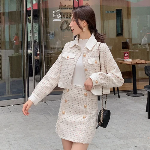 Women Luxury White Tweed 2 Piece Set Fall Winter Beading Peral Tassel Wool Blends Jacket Coat+ Mini Single Breasted Skirt Set