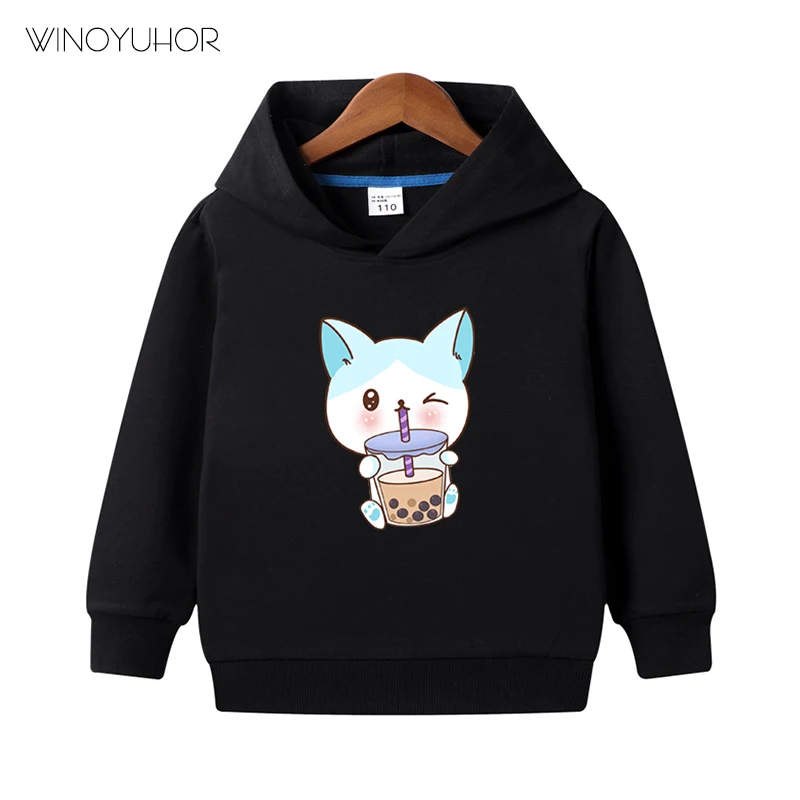 

Lovely Kids Hoodie Cartoon Cat Pullover Cute Milk Tea Printed Baby Boys Girls Sweatshirt Funny Children Toddler Clothes