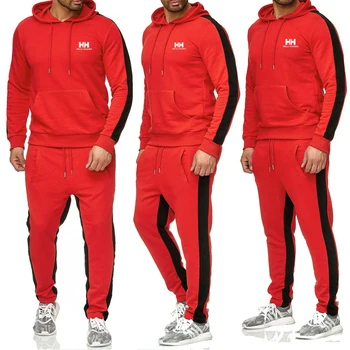 

Helly Hansen- Winter Sets Tracksuit Men New Brand Autumn Winter Hooded Sweatshirt+Drawstring Pants Male Stripe Patchwork Hoodies