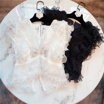 

HIGH STREET 2020 Newest Fashion Designer Blouse Women's V Collar Sleeveless Ruffles Gauze Lace Top Blouse Shirt