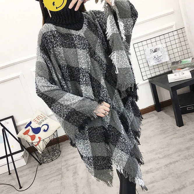 Spring Autumn Women's Shawl New High Neck Loose Tassel Cloak Sweater Coat Large Knitted  Girl Casual Keep Warm Gray d2 winter heating scarf for women men 3 gear adjustable washable usb outdoor keep warm electric heated scarves shawl neck unisex