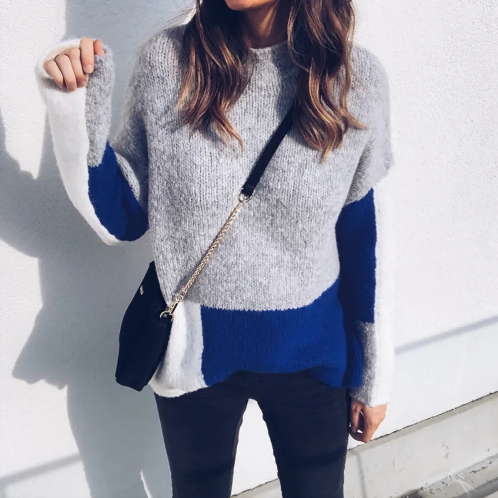 

Sweater Women Oversize Womens Casual Long Sleeve Jumper O Neck Stitching Color Sweaters Blouse Tops Sweaters For Women