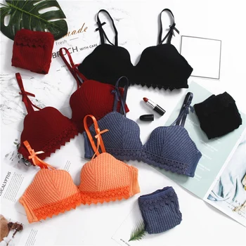 

Seamless Push Up Bra Set For Women Thin Lace Wave Side 3/4 Cup Gather Bralette Wire Free Padded Breathable Bra Mid Waist Brief
