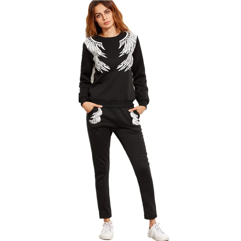 

2019 Women Suit Tracksuit Wing Printing Set Spring Autumn Women Tops + Pants Fashion Suit Female Clothes Plus Size