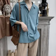 

Dress Shirt Men's Fashion Solid Color Business Casual Shirt Men Streetwear Loose British Style Short Sleeve Shirt Mens M-2XL