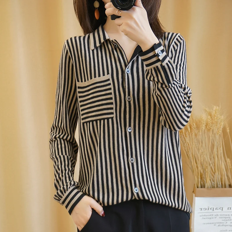 

LHZSYY Spring 2020New lapel Striped knitted Cardigan Sweater large size long sleeve pure Cotton jacket wild soft Bottoming shirt