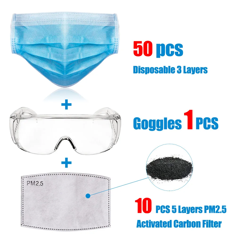 

50pc Antiviral Disposable Face Mask 1pc Glasses Anti Dust Bacteria 10pcs PM2.5 Protective Face Masks Mouth Nose Cover Mask