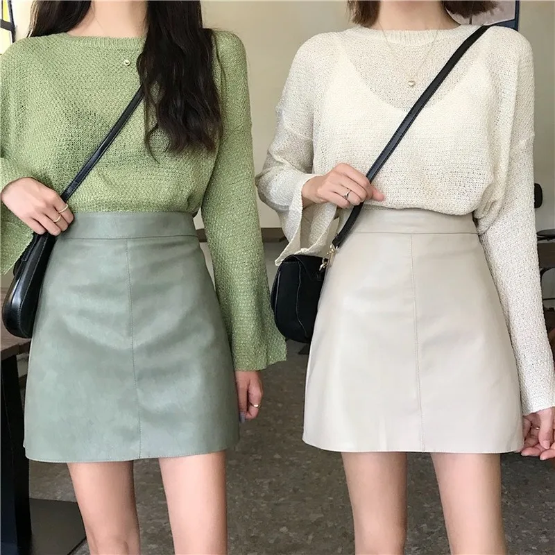 Осенние черные юбки из искусственной кожи, женская модная юбка из искусственной кожи, Женские Элегантные мини юбки трапециевидной формы с высокой талией, женская одежда