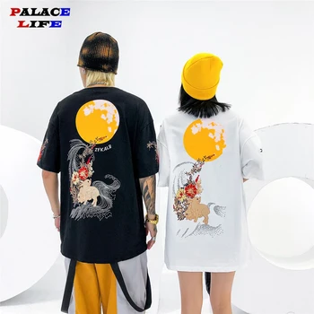 

Hip Hop T Shirt Men 2020 Streetwear Embroidered Floral Full Moon Rabbit Harajuku Tshirt Summer Short Sleeve T-Shirt Cotton Tops