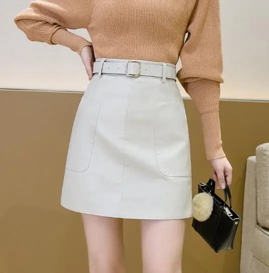 2020 New Casual Streetwear PU Leather Skirt Women Autumn Winter High Waist Mini Skirt Pocket With Belt A-line Skirt White Brown white