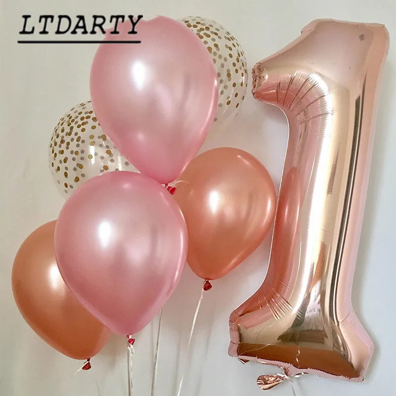 

7pcs/lot 40inch Rose Gold Number Helium Foil Balloons 12" gold Transparent Confetti 3.2g Latex Globos Baby Shower Birthday Deco