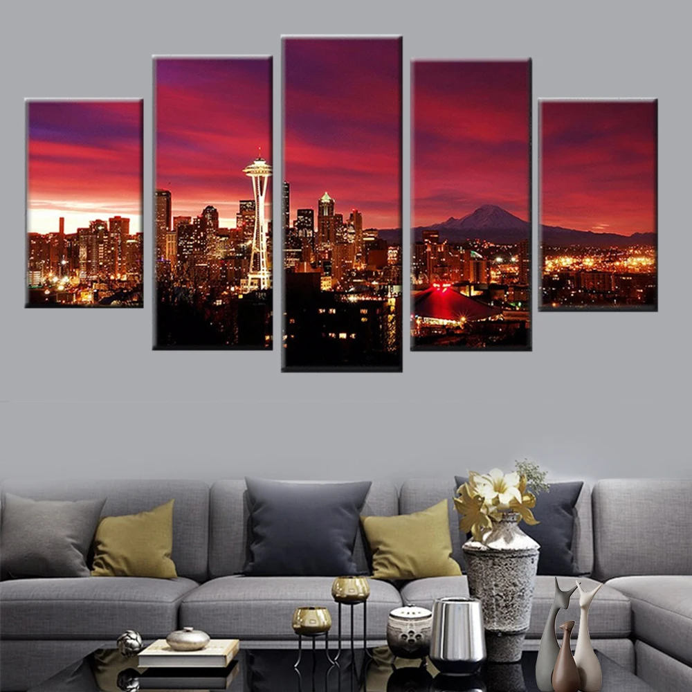 5 панельный настенный художественный плакат с башней ночное небо Сиэтл городской