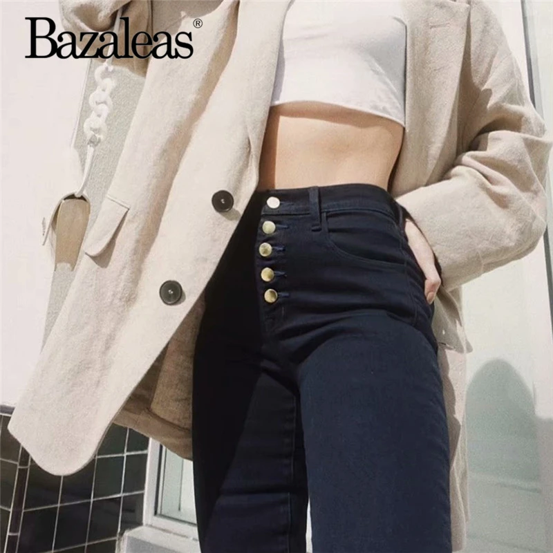 Bazaleas, хлопковые джинсы, центральные значки, harajuku, черные женские узкие джинсы, винтажная мода, высокая талия, Женские джинсы-карандаш в стиле панк