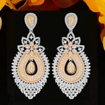 

Luxury Flower Long Oval Dangle Pendant Earring For Women Wedding Cubic Zirconia DUBAI Bridal Earring Jewelry Accessories 2020
