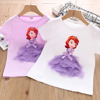 

2020 Summer Princess Kid Girls T-Shirt Sofia Cotton Tees Mesh Cute T Shirt 3D Diamond Applique Baby Birthday Party Tops Clothing