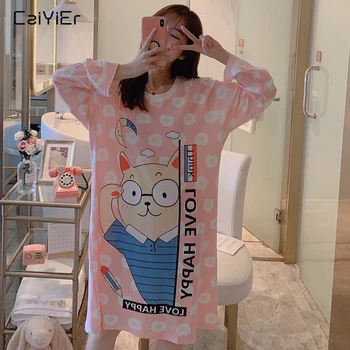 

Caiyier Spring Women Nightdress Cartoon Print O-Neck Long Sleeve Sleepwear Ladies Nightgown Loose Milk Silk Casual Nightshirt