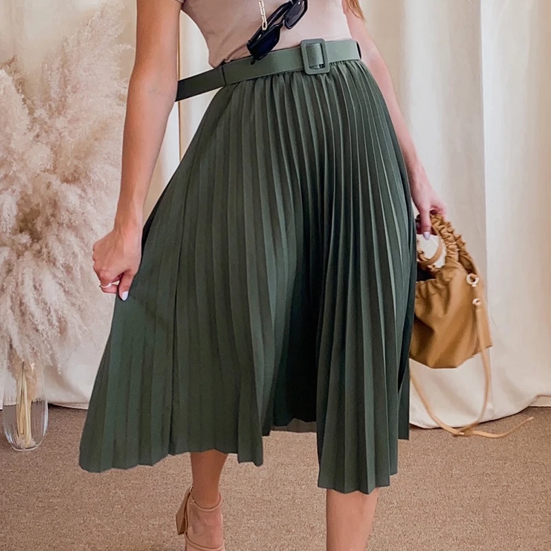 Simplee Fashion A-line women pleated skirt Stripe loose 20 color skirt With belt Elegant British style skirt Autumn winter 2020