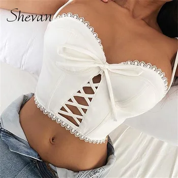 

Shevan Sexy Bandage Crop Top Women 2020 String Tied Off Shoulder Hollow Out Solid White Summer Tank Tops Women