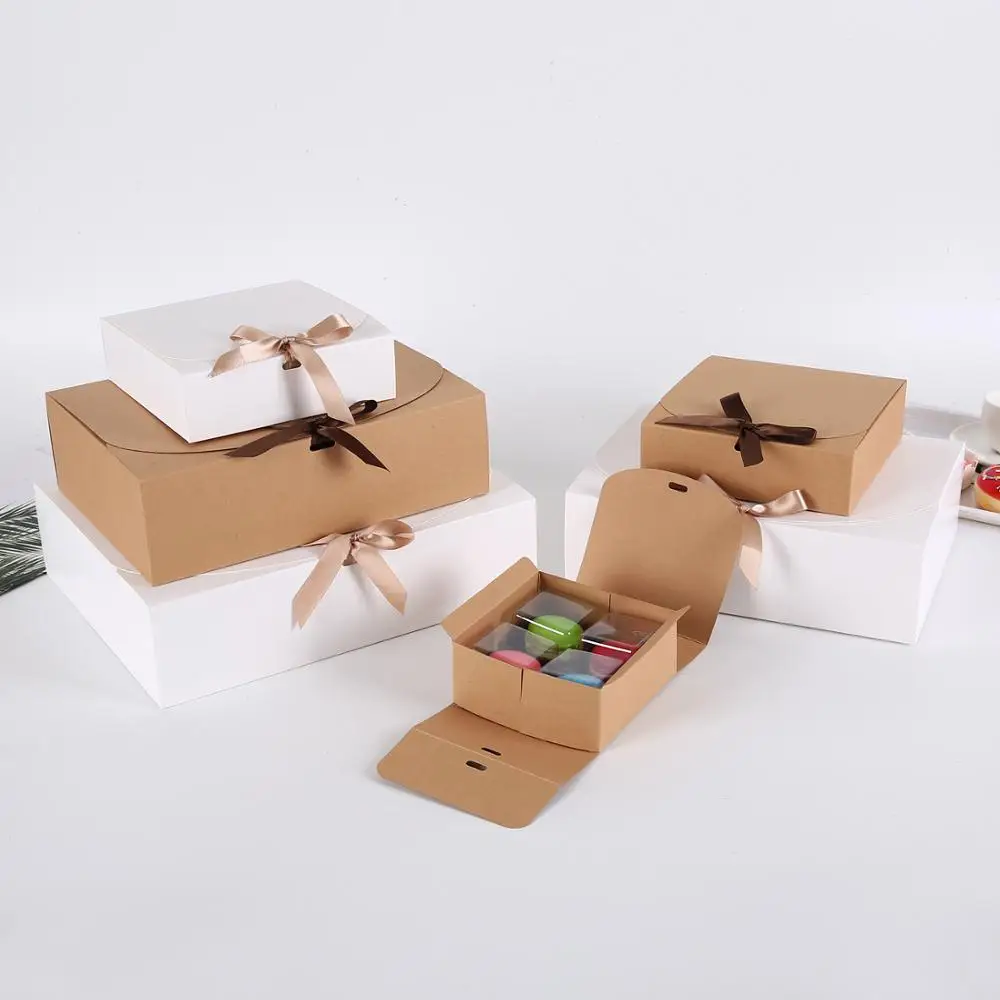 

10pcs/lot Vintage Retro White/Black/Kraft Paper Box, DIY Wedding Favor Gift Box, Single Cake Box Packaging With Ribbon