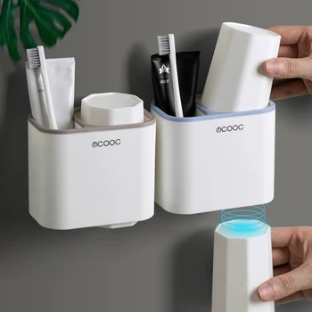 

GURET Magnetic Inverted Toothbrush Holder With Cups Wall Toothpaste Storage Rack Drain Toothbrush Organizer Bathroom Accessories