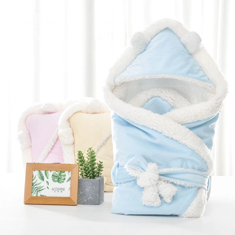 Autumn Winter Warm Ear Hooded Baby Polyester fiber Swaddle Wrap for Newborn Babies Bath Towel Blanket Baby Bedding