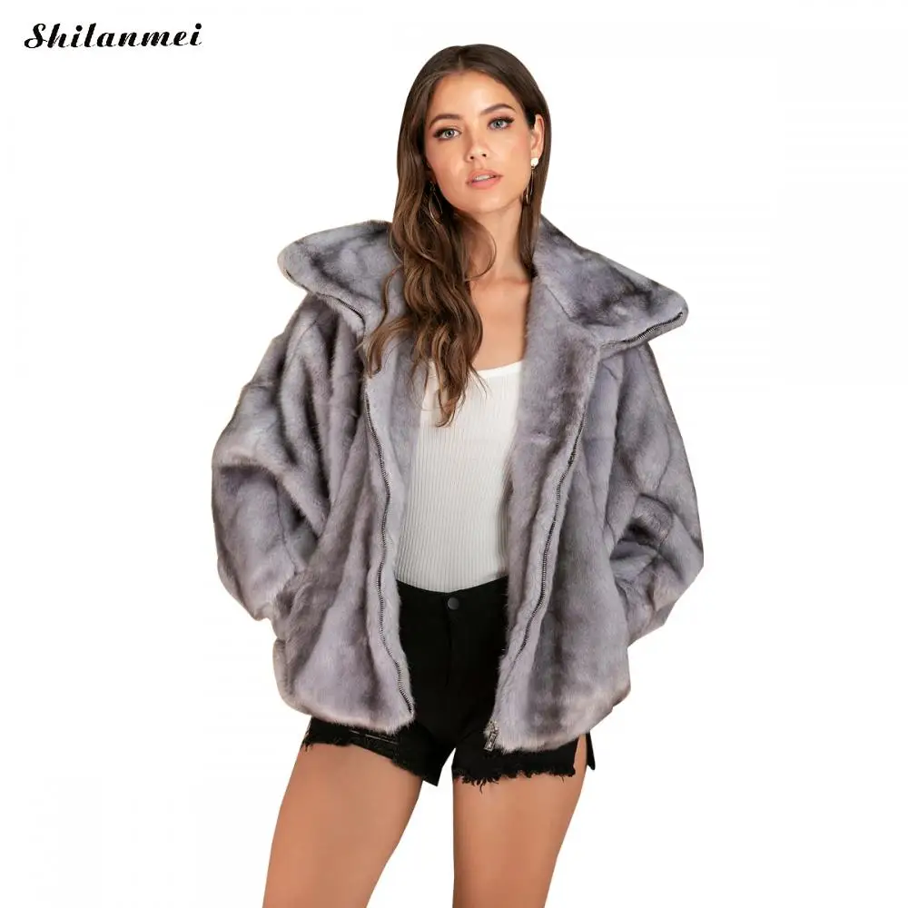 Grey Artificial Fur Coat Women Winter Fluffy Batwing Sleeve Female Jacket Fashion Cropped Fur Jacket Free Size Outerwear