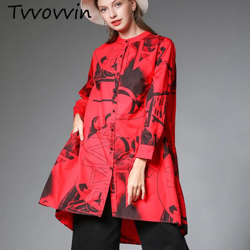 

TVVOVVIN Plus Size Print Black Red Shirt Women Clothes 2019 Irregular Stand Collar Single Breasted Blouse Autumn New Top C594